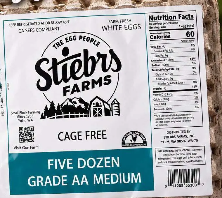 A five-dozen flat of Stiebrs Farms Grade AA medium white eggs