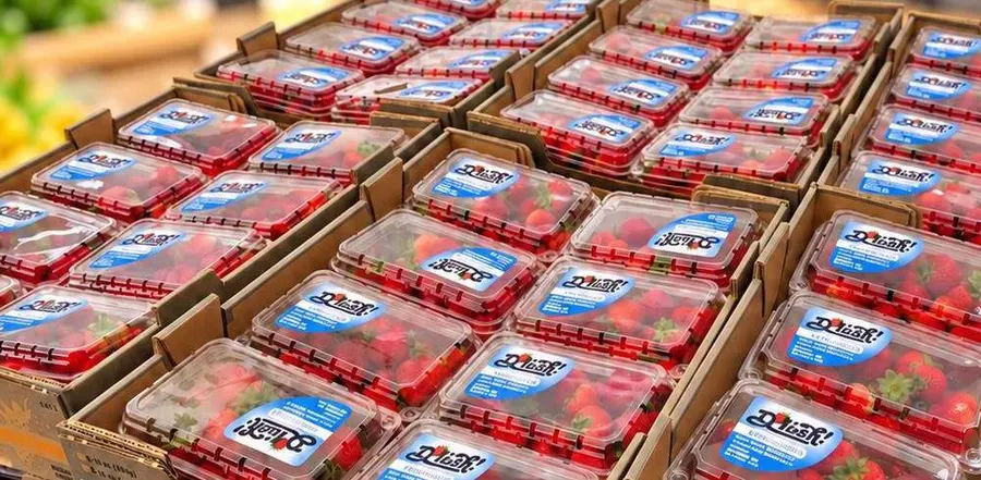 Cases of one-pound strawberry clamshells stacked on the floor